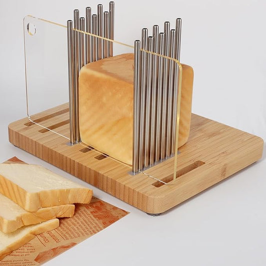 Bamboo Bread Slicer for Homemade Bread,Stainless Steel Slicing Guide for Bread, Adjustable Width, Foldable and Compact Cutting Guide, Bread Slicer for Sourdough Rounds, Bagels, Cake,Toast