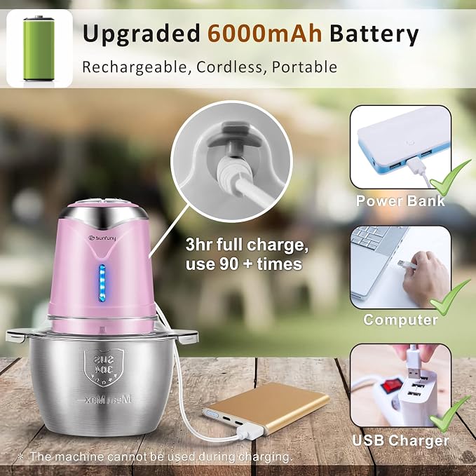 Food Processor Cordless Meat Garlic Chopper with 5 Cup Stainless Steel Bowl, 6000mAh USB Rechargeable Electric Vegetable Chopper BPA-free Baby Food Processor Blender Mini Kitchen Mixer, 4 Blades(Pink)