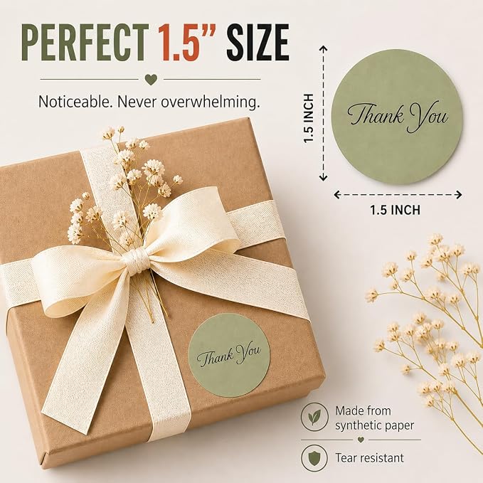 Sage Green Thank You Stickers Roll for Small Business - 500 Pcs 1.5 Inch Round Thank You Labels for Packaging, Boho Green Envelope Seals for Baby Shower, Wedding Favors, Eucalyptus & Botanical Gifts