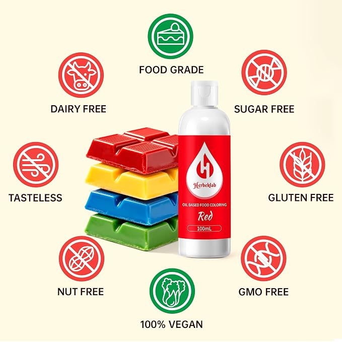 Red Oil Based Food Coloring for Chocolate – Herbeklab 100ml Professional Concentrated Oil Food Dye for Candy Melts, Chocolate, Cake Pops, Strawberries & Baking