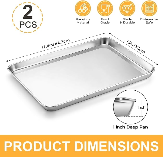 Onader Large Baking Sheet, 18 x 13 Inch Stainless Steel Half Sheet Shallow Baking Pans for Oven, Commercial Metal Cookie Pan Tray for Roasting Cooking, Mirror Finish & Dishwasher Safe, 2-Pack