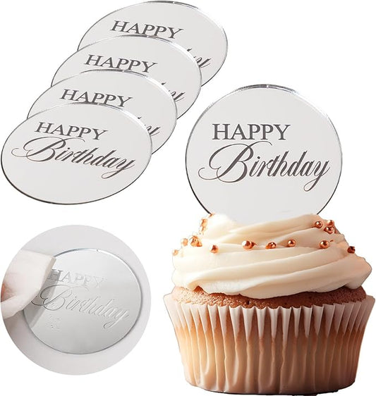 20pcs Silver Birthday Cupcake Toppers Acrylic Cake Picks for Party Decor | Mirror Design Birthday Party Supplies Round Picks DIY Gifts Flower Bouquet Pastries Desserts Decor