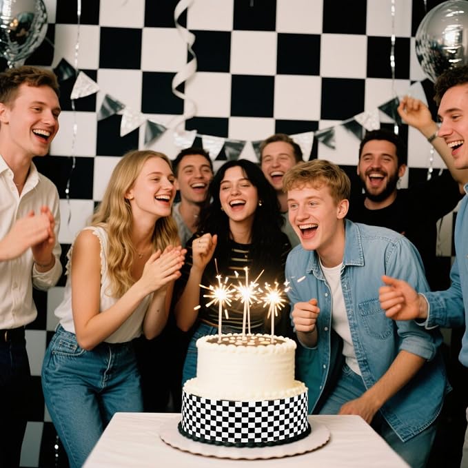 3pcs Edible Cake Borders, 28x6.2cm/11x2.44in Black White Checkered Birthday Cake Decorations Pre-Cut Rice Paper Wrap Strips for Racing Cars Theme Images Birthday Party Dessert Decorations