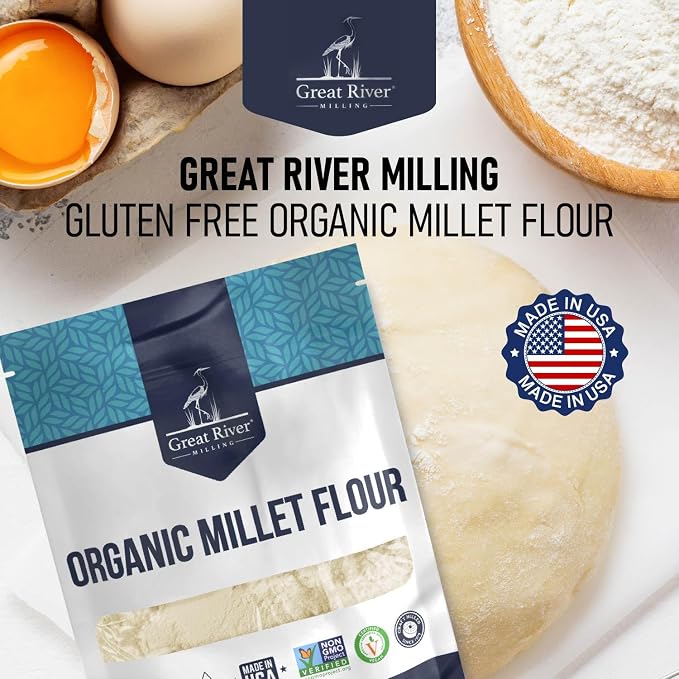 Great River Milling Organic Millet Flour | USDA Organic, Naturally Gluten Free, Non-GMO, Vegan, Kosher | Mild, Nutty Flavor for Baking, Flatbreads, Pancakes & Porridge | 5 Lb