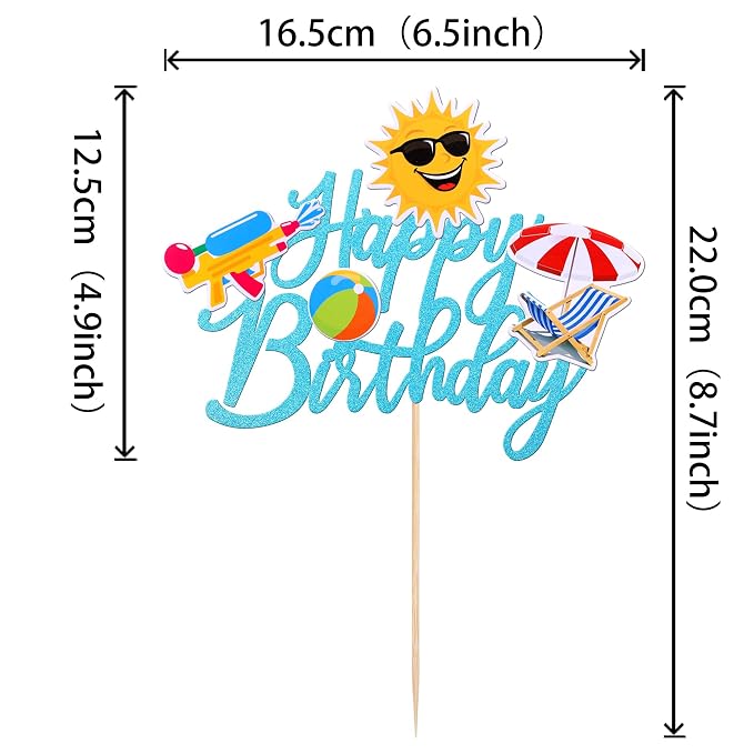 1 PCS Summer Beach Happy Birthday Cake Topper Glitter Ball Sun Umbrella Water Gun Pool Cake Pick for Hawaiian Holiday Baby Shower Birthday Party Cake Decorations Supplies Blue