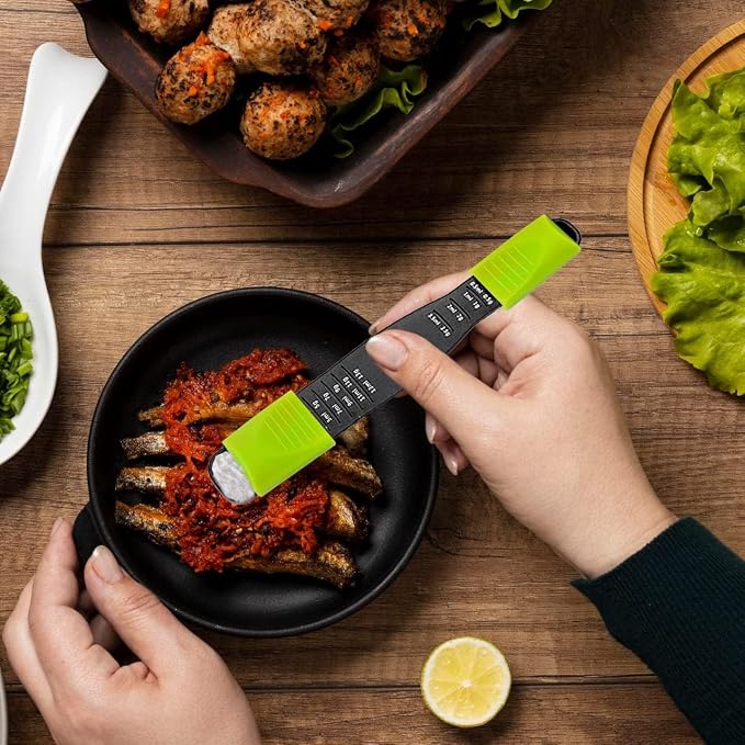 Adjustable Measuring Spoon, 9-in-1 Teaspoon Tablespoon Sliding, Space Saving, 1/8 TSP to 1 TBSP, Dry & Liquid, Double-Ended, Dishwasher Safe, Food-Grade Plastic - Performore, Black & Green