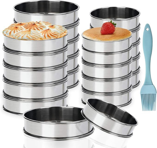 24 Pack English Muffin Rings Set 4 Inch & 3 Inch Stainless Steel Crumpet Ring with Oil Brush, Metal Pastry Rings Mold Double Rolled Tart Ring for Baking Kitchen Food Making