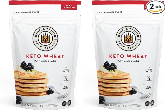 King Arthur Keto Wheat Pancake Mix: Low Carb, High Protein Breakfast Solution - Just Add Water for Fluffy Pancakes or Waffles - Non-GMO, Kosher Certified, 12 oz Pouch (Pack of 2)