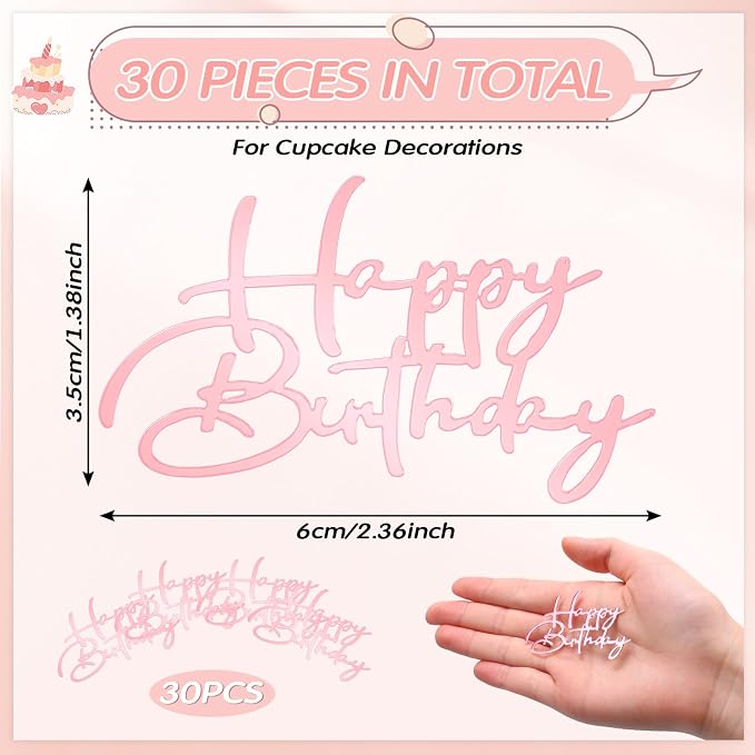Weysat 30 Pcs Pink Mirror Acrylic Cupcake Toppers Happy Birthday Cake Decorations for Birthday Party Cupcake Toppers