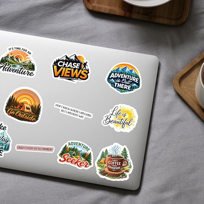 10pcs Adventure Camping Stickers Funny Outdoor Travel Nature Mountain Forest Designs, Gifts for Hikers Campers Multiple Different Design, Waterproof UV-Resistant for Water Bottle, Laptop, Window, Car