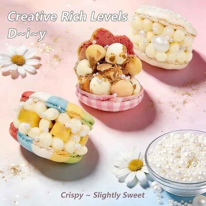 White Pearl Sugar Sprinkles Bulk 450g/16oz & Mix Size 2mm 3mm 5mm 7mm 8mm 14mm Edible Pearls Candy for Cake Decorating & Cookies Waffles Baking & Wedding Cupcakes