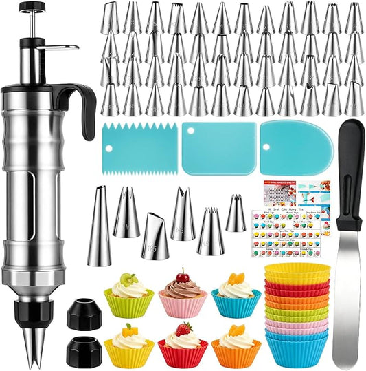 Dessert Decorating Syringe Set, Stainless Steel Cake Decorating Kit with Icing Piping Bags and Tips Set, Reusable Frosting Piping Kit for Cupcake, Cookie and Pastry Baking Supplies