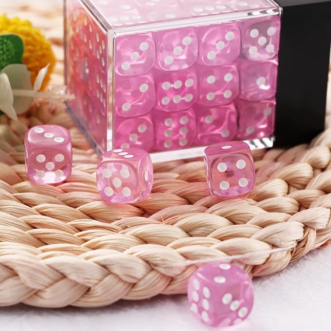 36 of Pack 12MM 6 Sided MINI Dice Set,Translucent Colors Game Dice Set, 6 Sided Standard Colored Dices for Tenzi, Farkle, Yahtzee, Bunco or Teaching Math, with Portable Plastic Box(Pink)