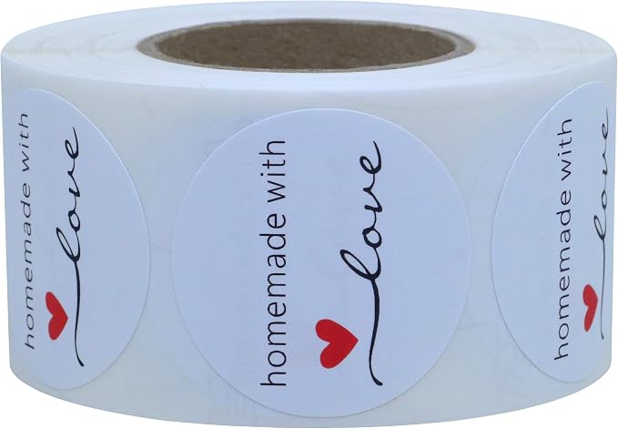 Hybsk White Gloss Homemade with Love Stickers 1.5" Inch Round Total 500 Adhesive Labels Per Roll (White Gloss)