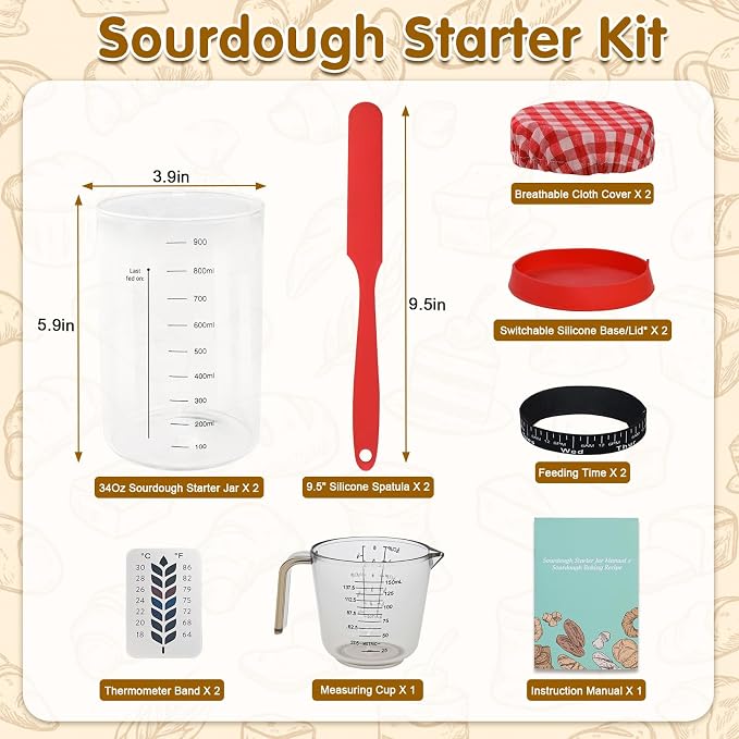 34oz Sourdough Starter Jar Kit,Wide Mouth Sourdough Starter Container with Feeding Tracking Band, Silicone Spatula&Sourdough Starter Kit-Baking Supplies(2 pack). (Red)