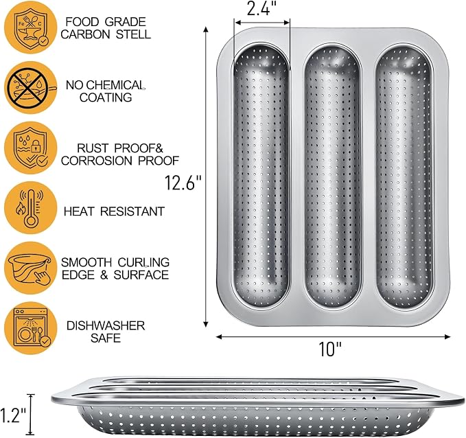 ZOOFOX 2 Pack Nonstick Perforated Baguette Pan, 3-Slot French Bread Baking Pan, Carbon Steel Baguette Tray for Professional and Home Baker, Sourdough, Italian Bread Baking