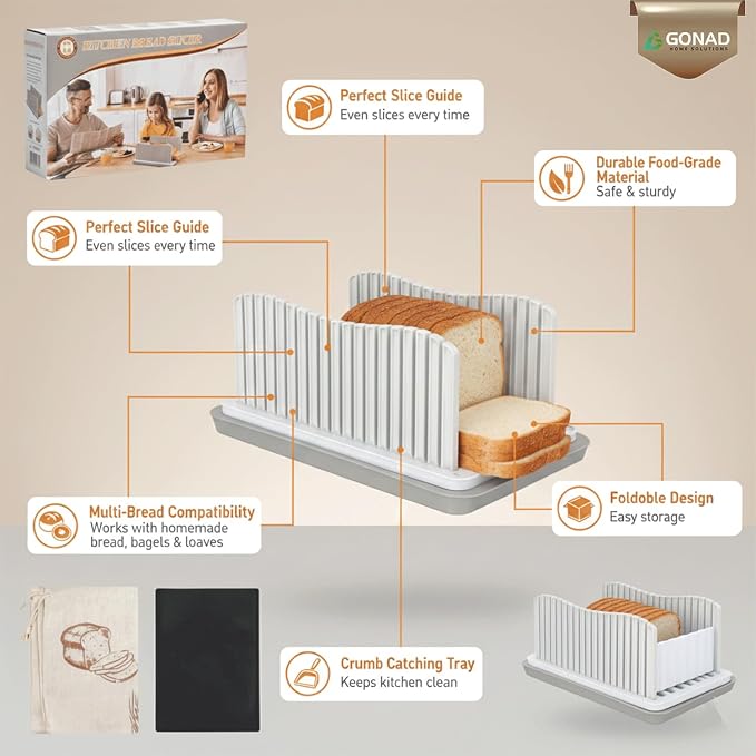 Bread Slicer for Homemade Bread, Adjustable Width Bread Loaf Slicer with Crumb Tray, Bread Bag & Silicone Mat, Foldable Bread Cutter for Even Slices for Loafs, Sandwiches, Bagels & Cakes