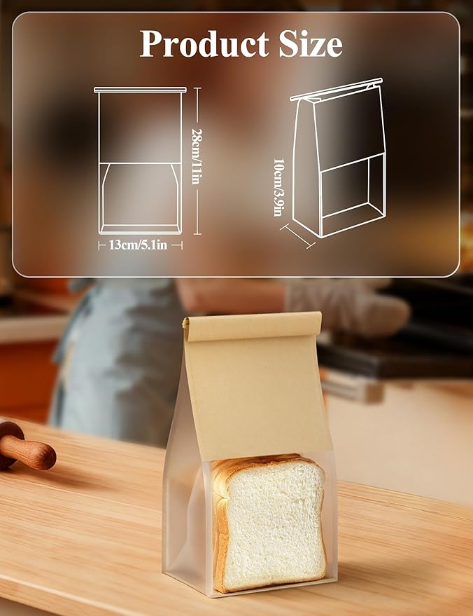 FireKylin Bread Cookie Bags with Window & Tin Tie 5.1x3.9x11.0 (50,Medium) | Food Safe Brown Paper, Clear Window, Reusable Tin Tie, for Homemade Bread, Cookies, Muffins, Pastry, Candy, Party Favor