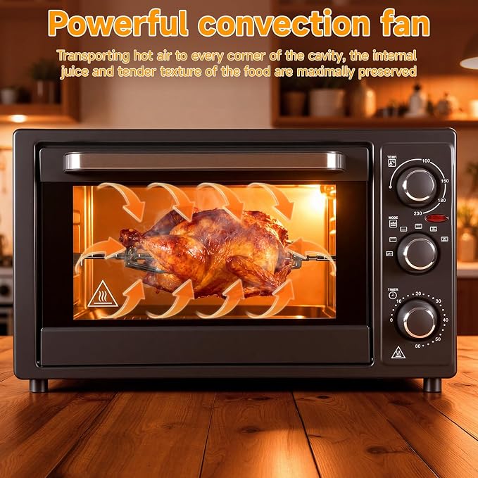 34QT/32L Kitchen Convection Oven, 1500W, Multi-Functional Countertop Toaster Oven with 60-Min Timer, Crispy Roast, Dehydrate, Rotisserie, 6 Accessories Included Black