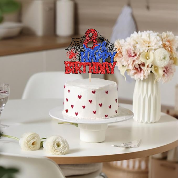 1 PCS Happy 8th Birthday Cake Topper Glitter Spider Web Cheers to 8 Years Seven Birthday Cake Pick Superhero Spider Party Decorations for Boys Girls Happy 8th Birthday Party Cake Decorations Supplies