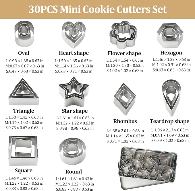 30Pcs Mini Cookie Cutters Set,Small Stainless Steel Cookie Cutters, Ten Shapes & Three Sizes for Tiny Polymer Clay,Baking, Cooking, DIY Arts