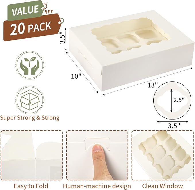 TOMNK 20pcs Cupcake Boxes, Cupcake Boxes 12 Count, 13x10x3.5 Inch White Containers Bakery Holders with Windows and Inserts to Fit Muffins, Cookies
