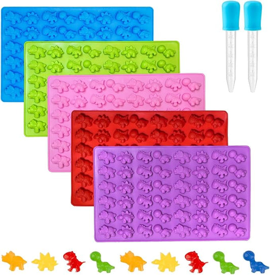 5Pcs Gummy Candy Molds - Silicone Gummy Mini Dinosaur Molds with 2Pcs Dropper,Non-stick and Bpa Free for Candy Chocolate Gummies Baking