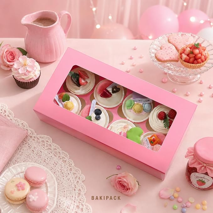 15 Pink Cupcake Boxes 8 Count with Window and Inserts, Cupcake Containers, Mother's Day Cupcake Boxes for Cupcakes, Muffins, Cookies