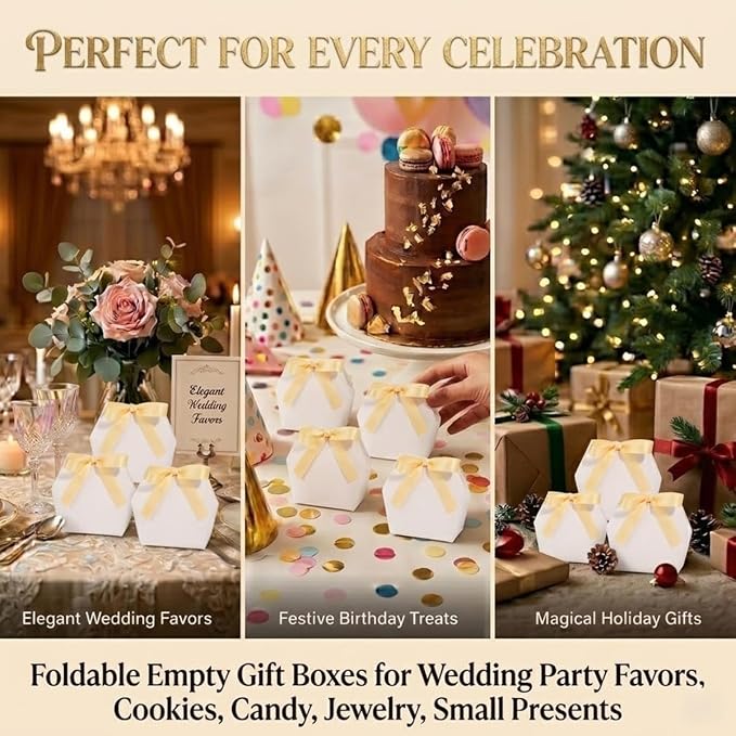 Rowcay Small Gift Boxes with Ribbons, 10 Pack White Foldable Empty Gift Boxes for Wedding Party Favors, Cookies, Candy, Jewelry, Small Presents, Gift Packaging and Favor Displays