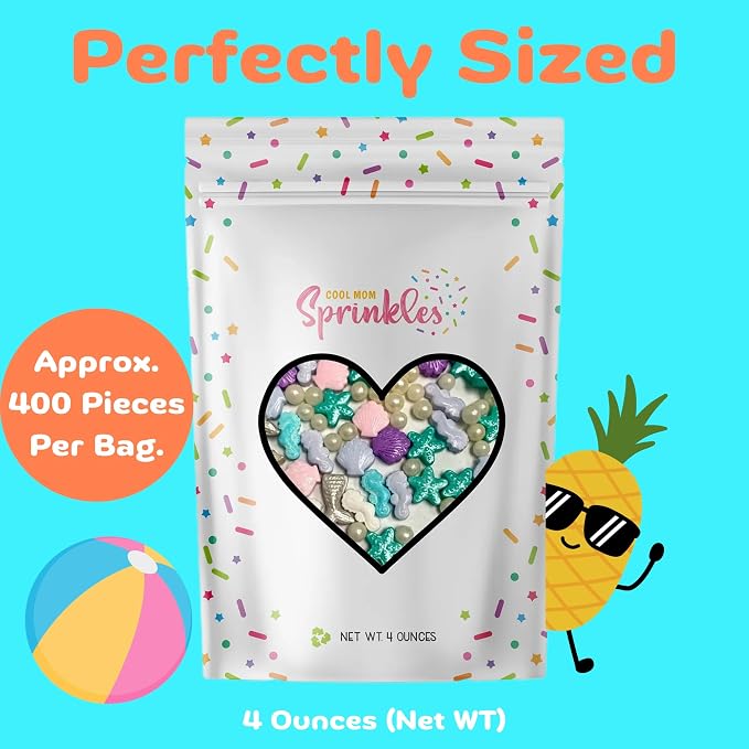 COOL MOM SPRINKLES Seahorse, Seashell, Starfish, Pearl Sprinkles (4 oz.) – Under The Sea Themed Sprinkles for Decorating Ocean Cakes, Cupcakes, Cookies & Desserts – Mixed in the USA/Gluten-Free