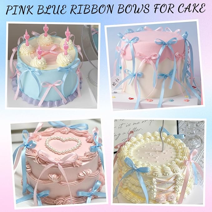 30 Pack Pink Blue Bow Cake Toppers Ribbon Bows for Cake Gender Reveal Bow Cupcake Toppers for Baby Shower Birthday Wedding Party Supplies and Gender Reveal Decorations