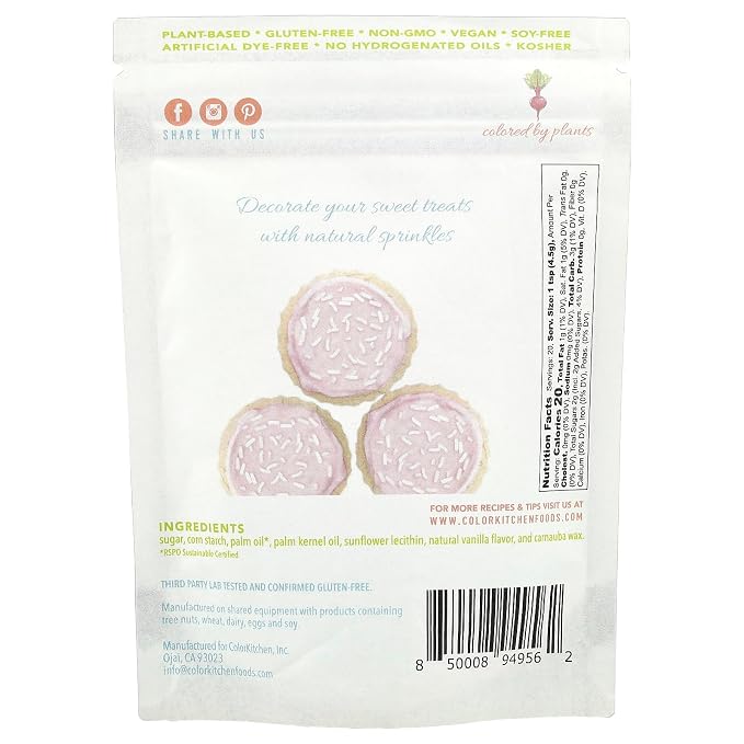Color Kitchen White Cake Sprinkles, Natural Baking Decorations for Cookies and Ice Cream, Artificial Dye Free, Plant Based, Gluten Free, Non GMO, Soy Free, Kosher, No Hydrogenated Oils - 3 Oz