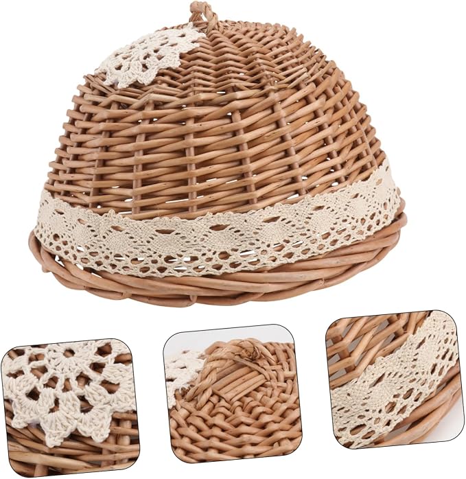 Zerodeko 1Pc Hand Woven Rattan Food Cover Vintage Style Vegetable Protector Dual Use Storage Basket for Kitchen Party Wood Color Design Craftsmanship