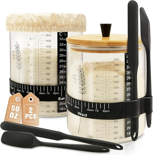 50oz Sourdough Starter Jar Kit, Wide Mouth Sourdough Jar | Sourdough Starter Kit & Sourdough Bread Baking Supplies for Sour Dough Bread, Sour Dough Starter Jars for Beginners(2 Pack)