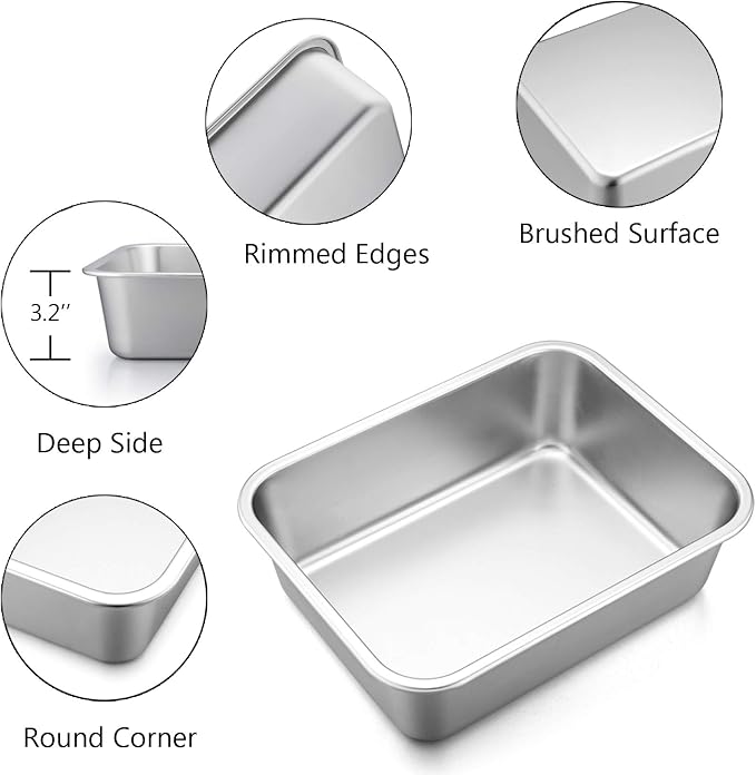 P&P CHEF Lasagna Pan, Rectangular Cake Pan Roaster Pasta Baking Cookie Sheet Pans Stainless Steel, Heavy Duty & Durable, Oven & Dishwasher Safe, 10.7" L x 3.2" H