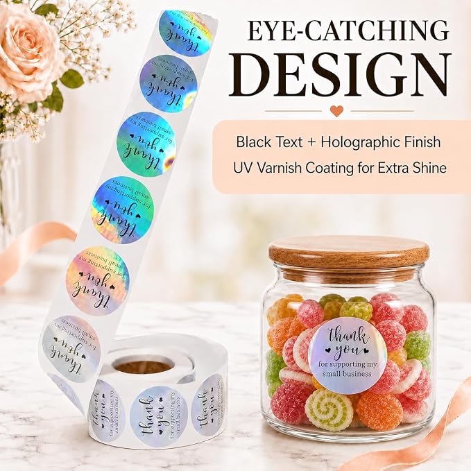 500 PCS Holographic Thank You for Supporting My Small Business Stickers – 1.5 Inch Round Self-Adhesive Waterproof Labels – Eye-Catching Packaging Seals for Orders, Gift Bags, Boxes & Envelopes