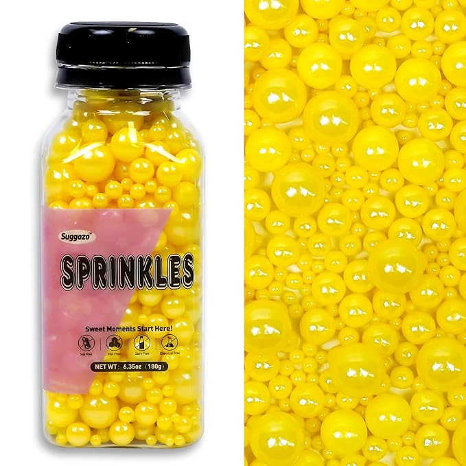 Yellow Pearl Sprinkles, Edible Sugar Pearls for Cake Decorating, 180g/6.35oz, Mix Size, Cake Decorations, Cupcake Toppers, Ice Cream Toppings, Easter Holiday Party Supplies