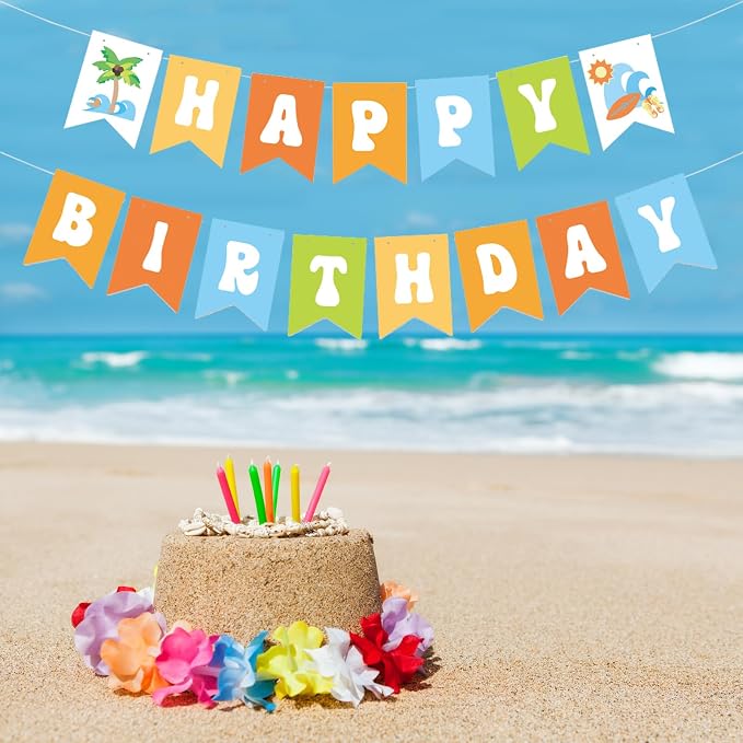Zwiebeco Seaside Happy Birthday Party Decoration Banner Bunting Garland Hanging Paper for Summer Tropical Hawaiian Beach Pool Themed Boys Girls Kids Accessories Supplies