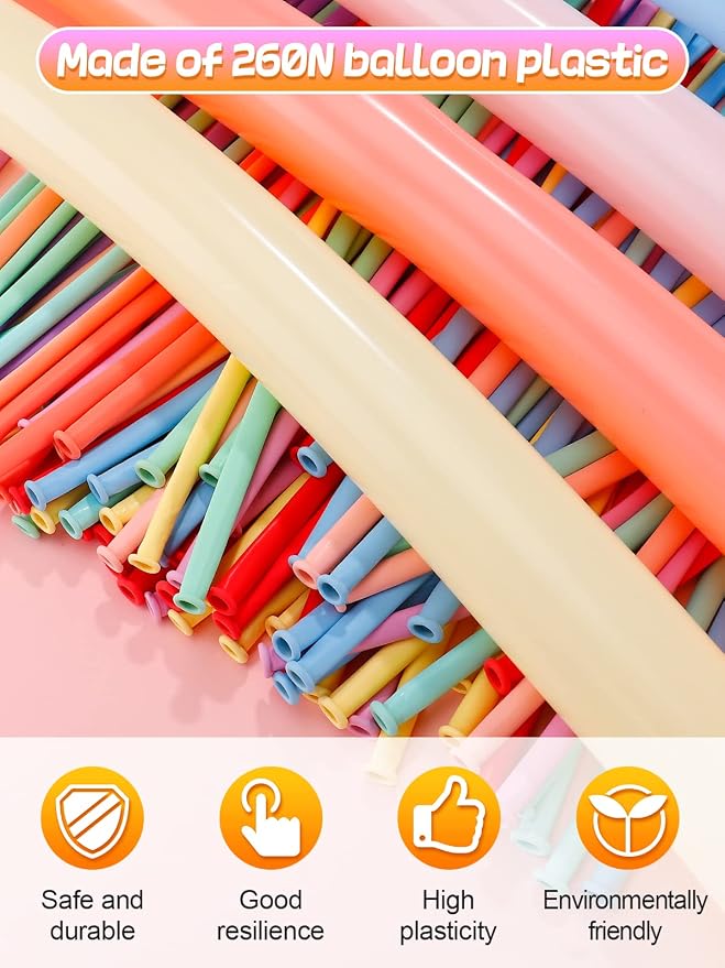 100 Pcs 260 Balloons Kit with Pump - Kids Premium Latex Twisting Long Balloons to Make Animals Flowers, Pastel Color Party Balloons for Boys Girls Birthday Gifts Clowns Wedding Decoration