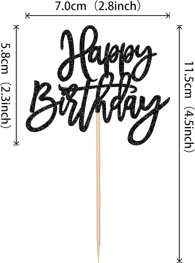 24 PCS Glitter Cupcake Toppers - Happy Birthday & Anniversary Cake Decorations - Black
