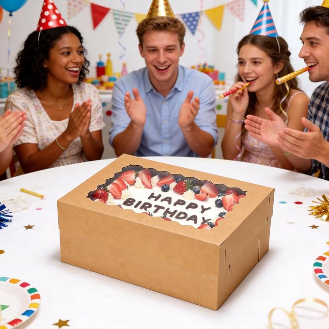 COTOPHER 14x10x6 In Sheet Cake Boxes, 16 Pcs Brown Bakery Boxes with Large Window (8 Boxes & 8 Boards), Cake Containers for Quarter Cakes, Donuts, Cupcakes, Brownie, Pastry & Pies Packaging
