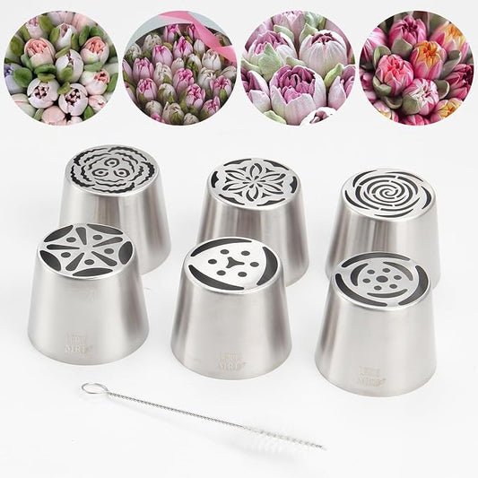 Extra Large Russian Piping Tip Set - 6 Stainless Steel Marshmallow Buttercream Framing Nozzles for 3D Roses Tulip Cake Decorations and Marshmallow Bouquets, Includes 1 Cleaning Brush(6D)