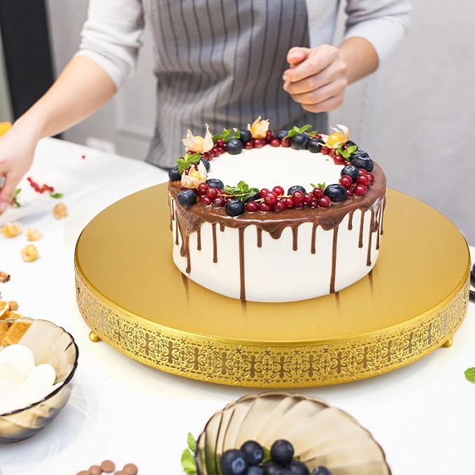 Wenqik 18 Inch Gold Cake Stand Set Metal Round Cupcake Dessert Wedding Cake Stand with Cutting & Spatula Cookies Display Holder Fruit Serving Tray for Table Wedding Birthday Anniversary Party