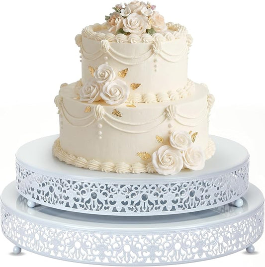 Wenqik 2 Pack Cake Stand Set, 14/16 Inch Metal Round Cupcake Dessert Stand Decorative Elegant Cake Display for Weddings Party Birthday Baby Showers Anniversary(Floral Lace,White)