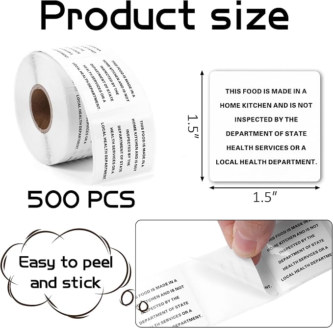 500 Count Cottage Food Law Labels Stickers, 1.5 x 1.5 Inch Home Made Stickers Labels, Ingredients Labels Stickers for Home Kitchen