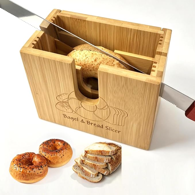 Bagel Slicer Holder, Adjustable Bagel Slicers Cutter with 7 Width Settings | Large Bagel Slicer for Large and Small Bagels, Safe Bagel Cutter Slicer Easy-Clean, Bamboo Bagel Cutter with Non-Slip Base