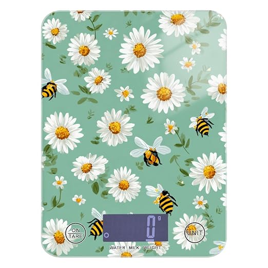Food Scale Kitchen Scale for Baking Cooking Digital Food Weighing Measuring Scale Small Waterproof Electric Food Scale Mint Green Daisy Flowers and Bees