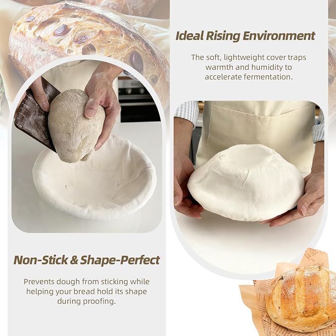 6-Pack Elastic Bread Proofing Basket Covers - Linen & Cotton Liners for 8/9/10inch Round Sourdough Bannetons, Non-Stick, Breathable Fermentation Cloth for Sourdough & Artisan Baking
