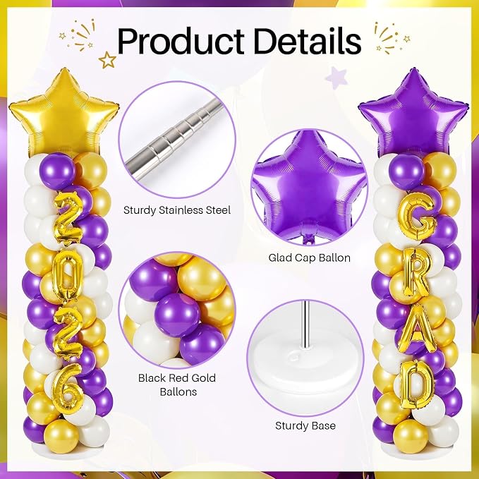 2 Sets Graduation Balloon Column Stand Kits with 132 PCS Purple Golden White Latex Balloons 2026 Letters 6.5 Ft Adjustable Metal Tube Telescopic Tower Pillar with Base for Graduation Party Decoration