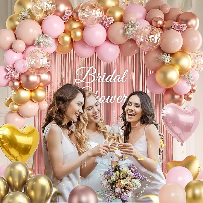 157PCS Rose Gold Balloon Garland Arch Kit with Fringe Curtain for Girls Women Princess Birthday Wedding Baby Bridal Shower Engagement Anniversary Graduation Party Decorations